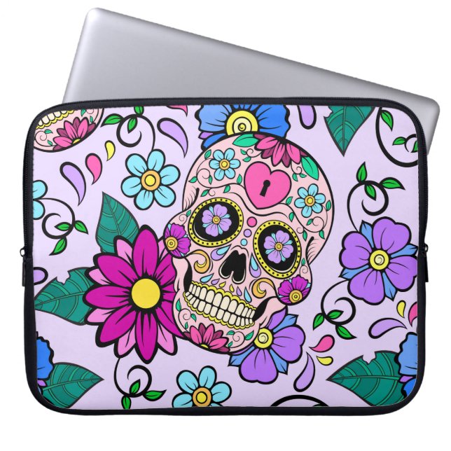 Festive background with sugar skulls, heart and fl laptop sleeve (Front)
