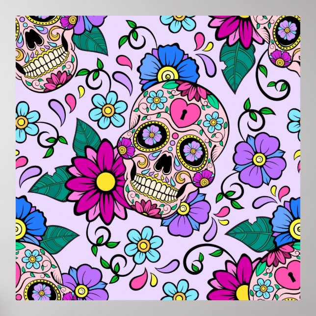 Festive background with sugar skulls, heart and fl poster (Front)