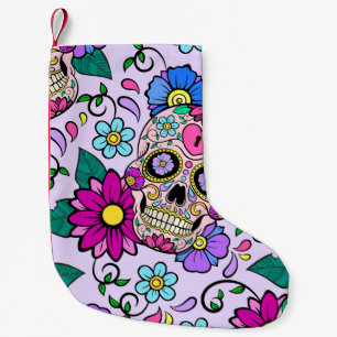 Festive background with sugar skulls, heart and fl small christmas stocking