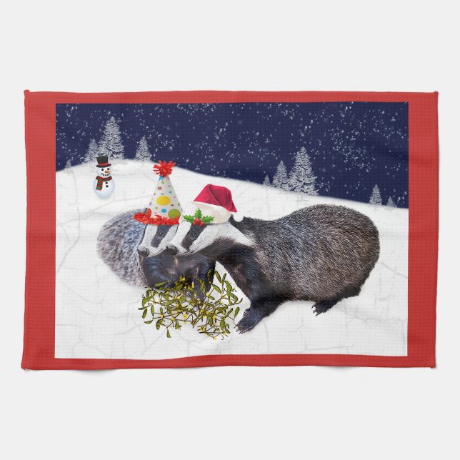 Festive Badgers Kitchen Towel (Horizontal)