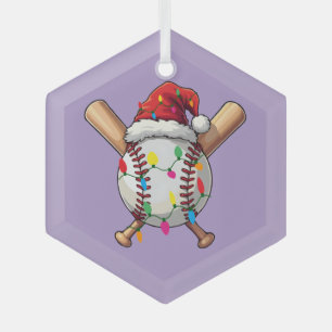 Festive Baseball Christmas Santa Hat & Lights Spor Glass Tree Decoration