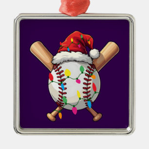Festive Baseball Christmas Santa Hat & Lights Spor Metal Ornament
