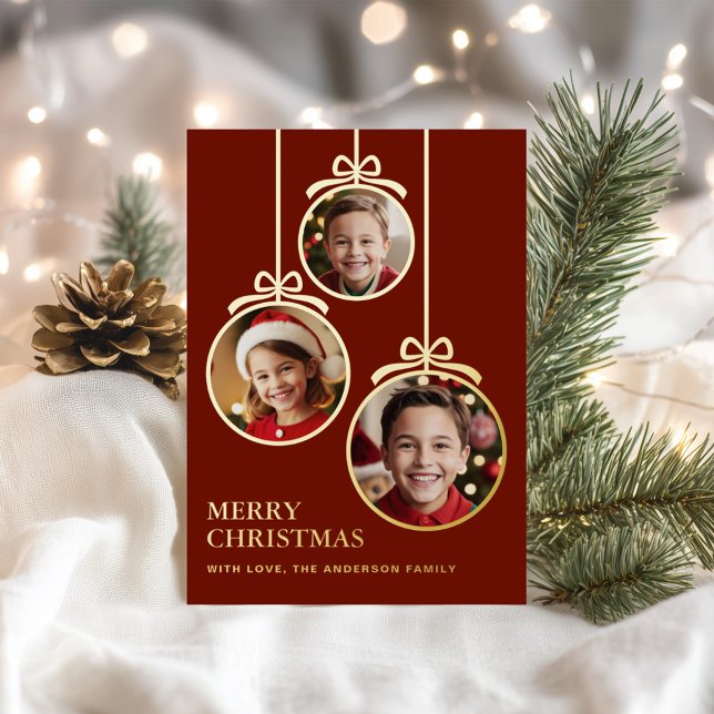 Festive Baubles Photo Frame Burgundy Foil Holiday Card (Creator Uploaded)