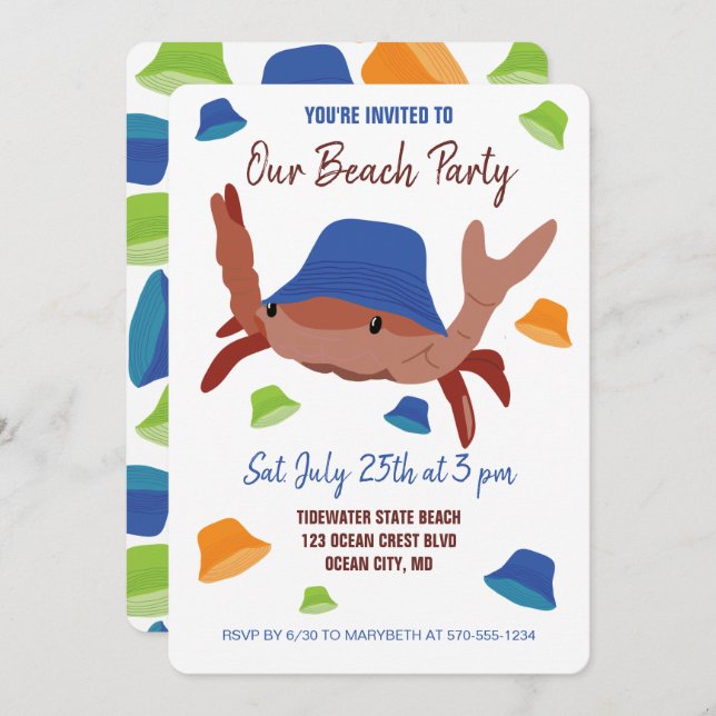 Festive Beach Party Crab in a Hat Invitation (Front/Back)