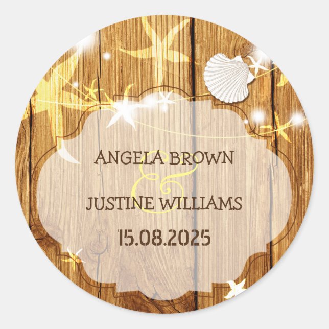 Festive Beach String Lights Wedding Classic Round Sticker (Front)