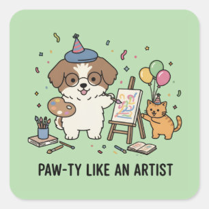 Festive Beagle Painter and Cat Companion Art Square Sticker
