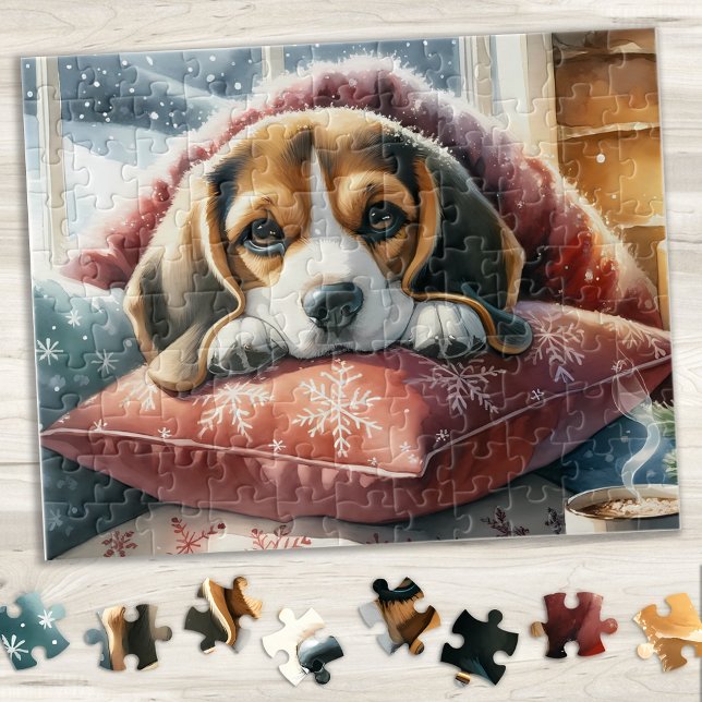 Festive Beagle Puppy Dog Holiday Scene Christmas Jigsaw Puzzle (Creator Uploaded)