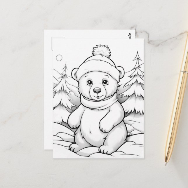Festive bear kids colouring  postcard (Front/Back In Situ)
