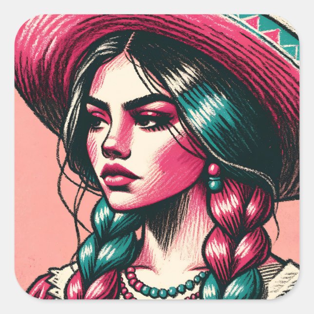 Festive Beautiful Mexican Woman  Square Sticker (Front)