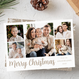 Festive Beige Script 5 Photo Collage Holiday Card