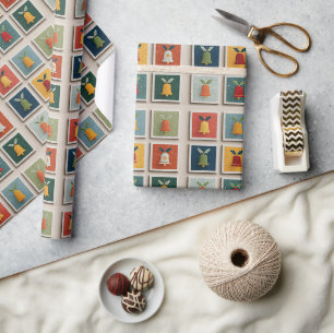 Festive Bell & Holly Square Pattern Wrapping Paper