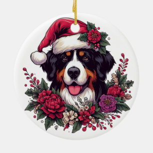 Festive Bernese Dog with Santa Hat and Florals Ceramic Ornament