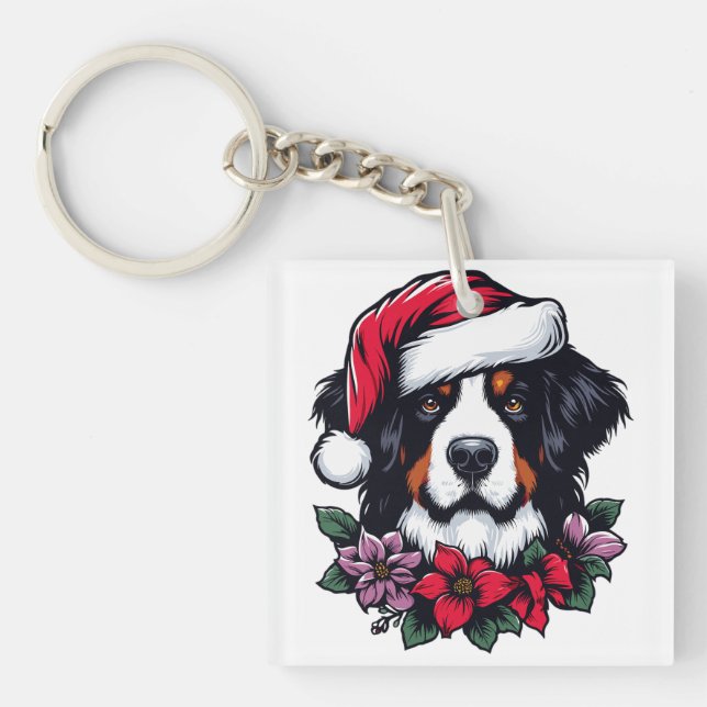 Festive Bernese Dog with Santa Hat and Florals Key Ring (Front)