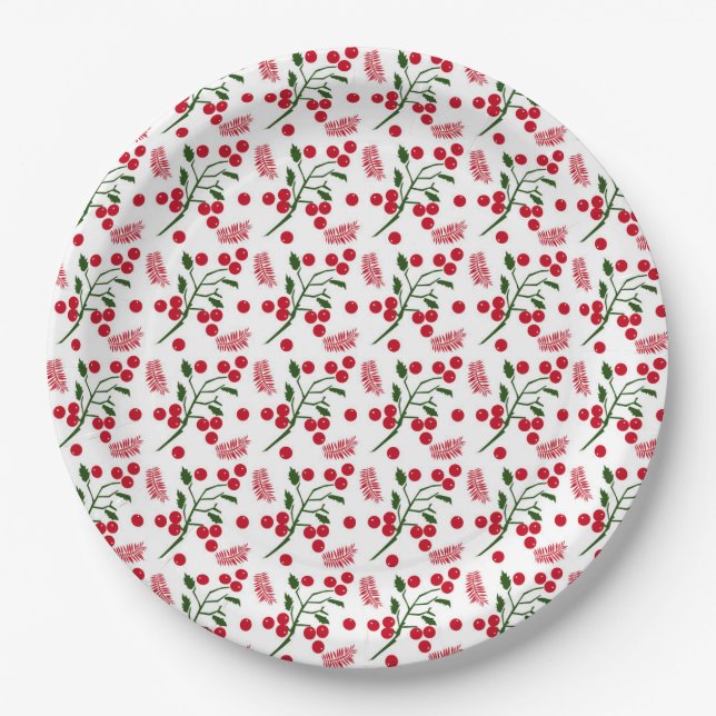 Festive berries and fern leaves pattern paper plate (Front)