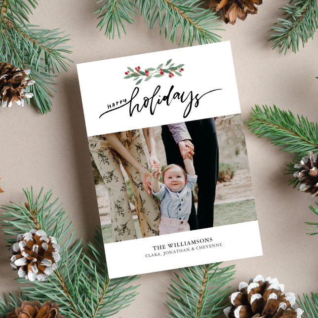 Festive Berries Hand Lettered Happy Holidays Photo Holiday Card (Creator Uploaded)