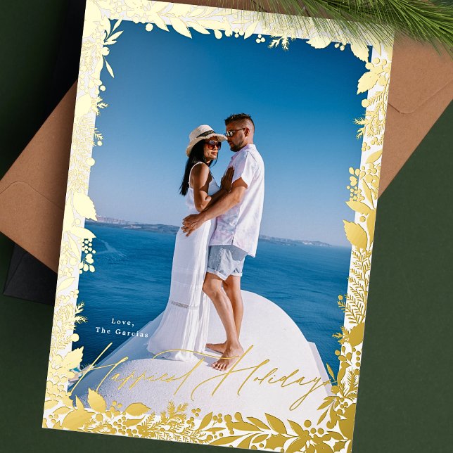 festive berries traditional gold frame HAPPIEST Foil Holiday Card (Creator Uploaded)