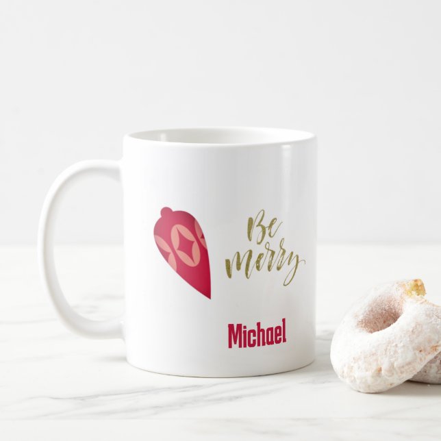 Festive Berry Colour Ornament Be Merry Coffee Mug (With Donut)