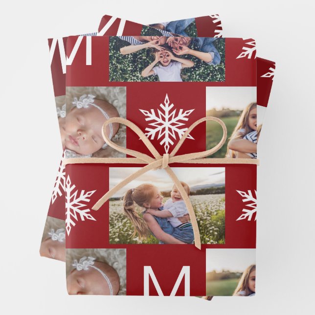 Festive Berry Snowflakes Monogram Photo Collage Wrapping Paper Sheet (In situ)