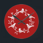 Festive Bird and Flower Scandi Wreath Round Clock<br><div class="desc">A modern Scandinavian bird and flower wreath. Festive white on red.</div>