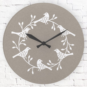 Festive Bird and Flower Scandi Wreath Round Clock