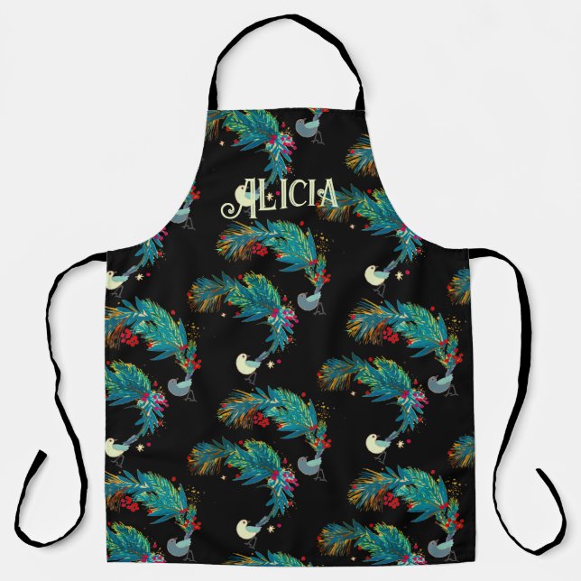 Festive Birds Apron with custom name (Front)
