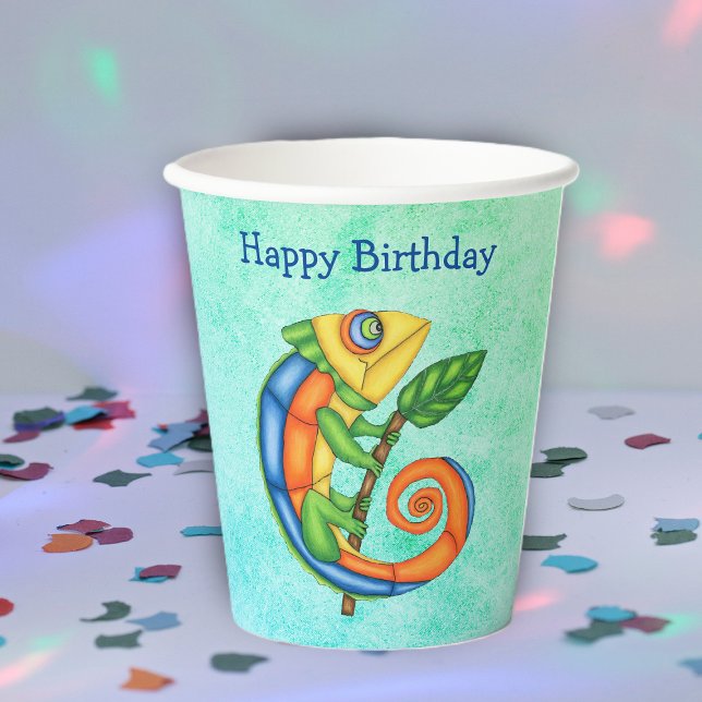 Festive Birthday Lizard Bright Colours Leaf Paper Cups (Festive fantasy lizard bright colours on kids Birthday party paper drink cups.)