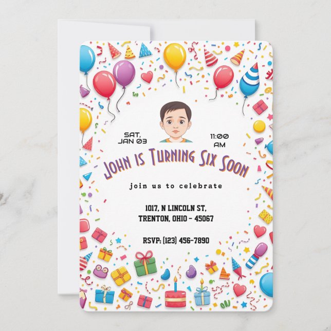 Festive Birthday Party Balloons and Gifts Border Invitation (Front)