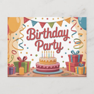 Festive Birthday Party Illustration with Cake Postcard
