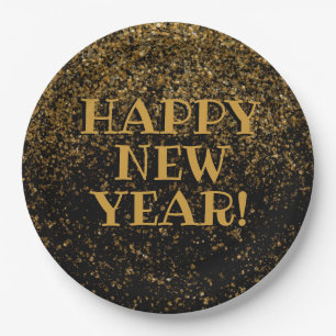 Festive Black and Gold Glitter Happy New Year Paper Plate