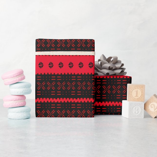 Festive Black  And Red Mudcloth Wrapping Paper (Baby Shower)