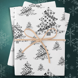 Festive Black and White Christmas Tree Holiday Wrapping Paper Sheet