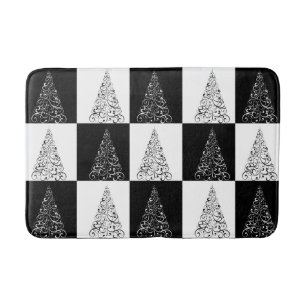 Festive Black and White Christmas Tree Pattern Bath Mat