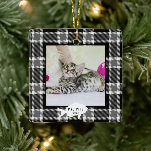 Festive Black and White Plaid Cat Name  Ceramic Ornament (Tree)