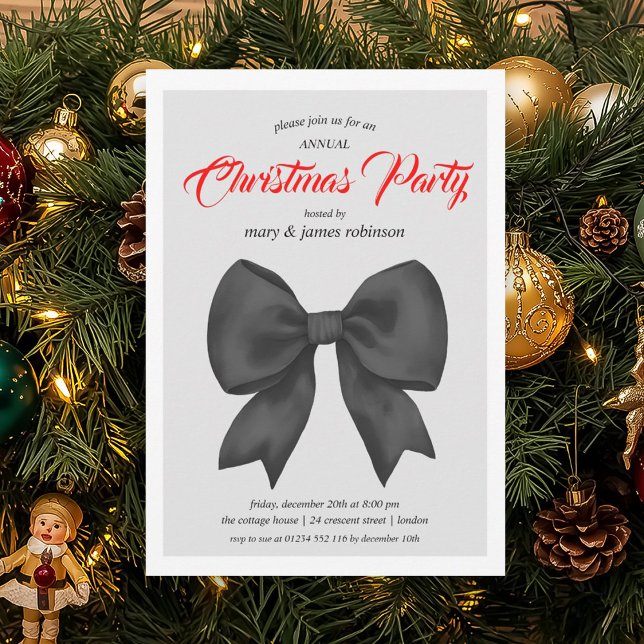 Festive Black Bow Christmas Holiday Party  Invitation (Festive Black Bow Christmas Holiday Party Invitation)
