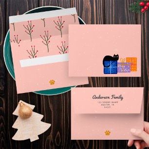 Festive Black Cat Coffee Pink Gold Christmas Envelope