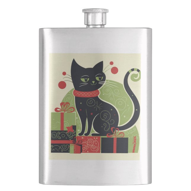 Festive Black Cat Hip Flask (Front)