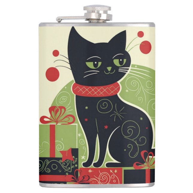 Festive Black Cat Hip Flask (Front)