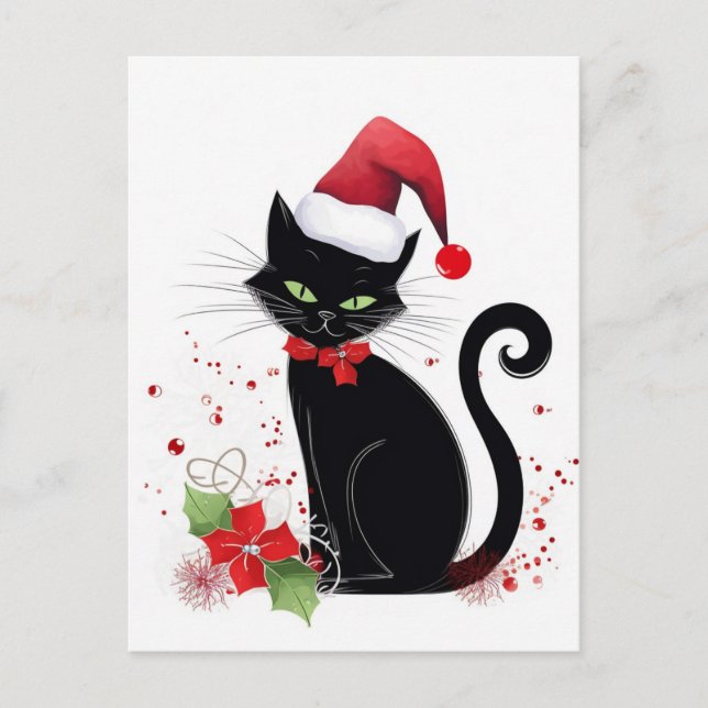 Festive Black Cat Holiday Postcard (Front)