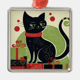 Festive Black Cat Metal Ornament