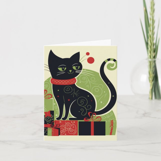 Festive Black Cat Note Card (Front)