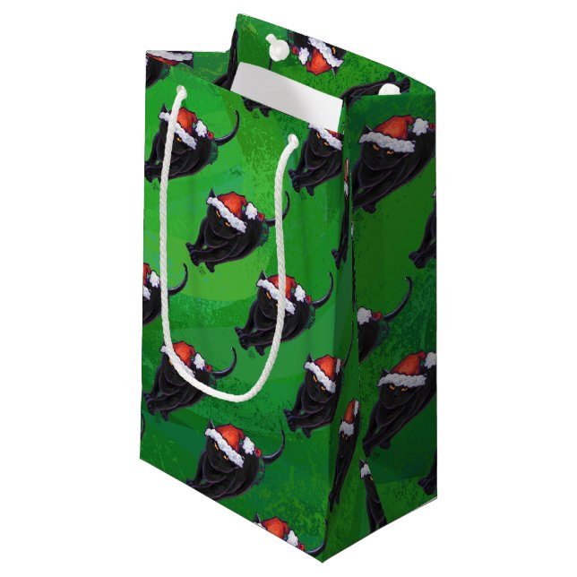 Festive Black Cat Pattern on Green Small Gift Bag (Front Angled)