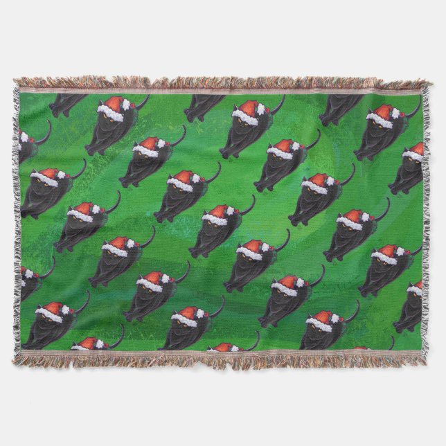 Festive Black Cat Pattern on Green Throw Blanket (Front)