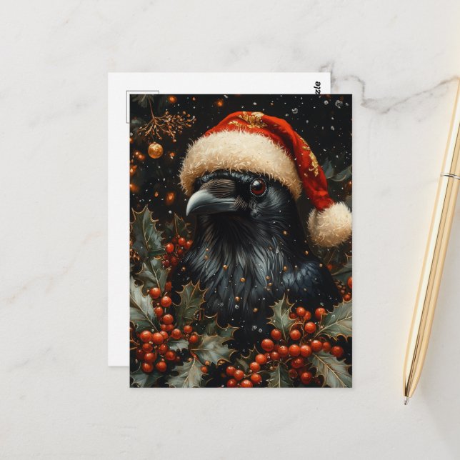 Festive Black Christmas Bird Postcard (Front/Back In Situ)