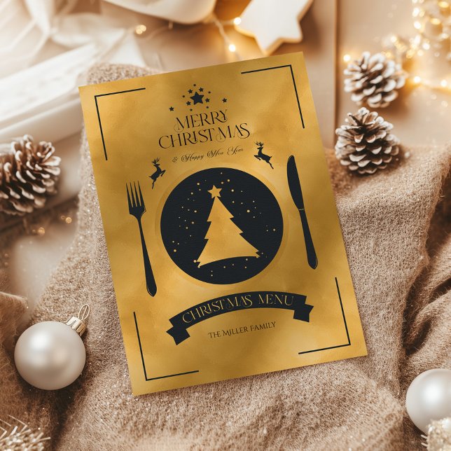 Festive Black & Gold Christmas Dinner Menu Invitation (Creator Uploaded)