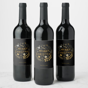 Festive Black & Gold Merry Christmas Wine Label