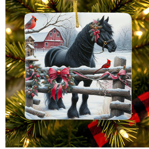 Festive Black Horse and Cardinal Christmas Ceramic Ornament