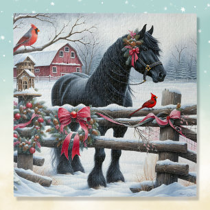 Festive Black Horse and Cardinal Christmas Jigsaw Puzzle