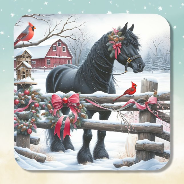 Festive Black Horse and Cardinal Christmas Square Sticker (Creator Uploaded)