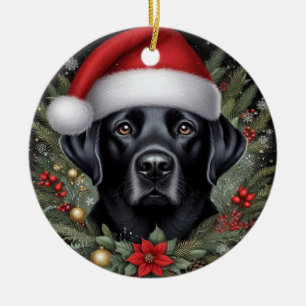 Festive Black Labrador Wearing Santa Hat  Ceramic Ornament