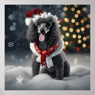Festive Black Poodle Christmas Holiday Dog In Snow Poster
